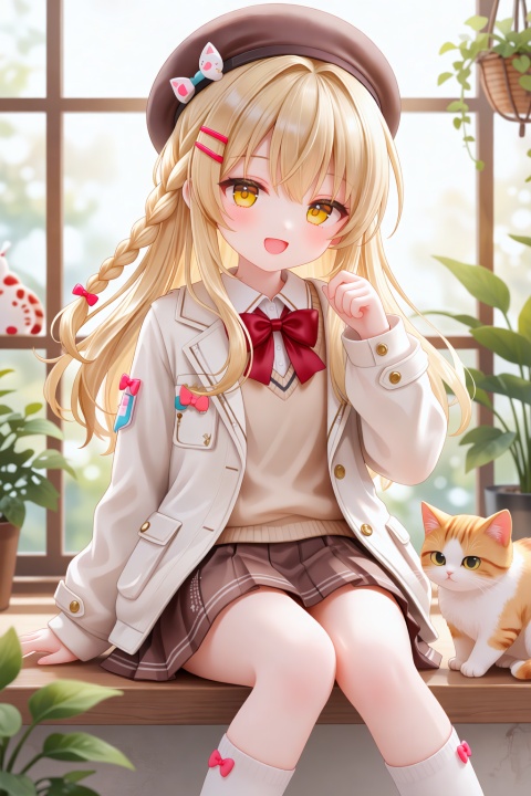 masterpiece,best quality,score_7,very aesthetic, 1girl, hat, skirt, long hair, sitting, solo, white socks, open mouth, jacket, socks, pleated skirt, hair ornament, smile, long sleeves, beret, cat, shirt, white shirt, blonde hair, braid, open clothes, bow, sweater, brown skirt, open jacket, bandaid on leg, red bow, sweater vest, yellow eyes, blush, hair between eyes, white jacket, ribbon, feet out of frame, :d, window, hairclip, red bowtie, kneehighs, bowtie, red ribbon, hand up, vest, brown hat, collared shirt, watermark, plant, indoors