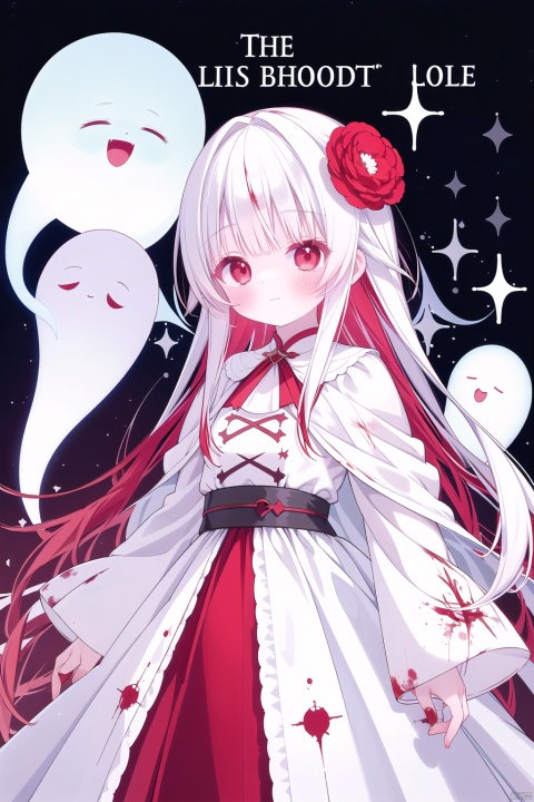 1girl,(loli:1.2),red eyes,white cape,expressionless,(white hair),long hair,(red hair flower),(blood:1.2),(ghost castle:1.2),(english text),(silhouette),Long bangs,evil smile,cover,Text below, hoshi (snacherubi)