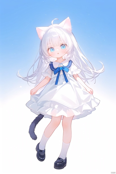  1girl,catgirl,white hair,blue eyes,cat ears,cat tail,white dress,gradient eyes, full body, (thin:1.3)