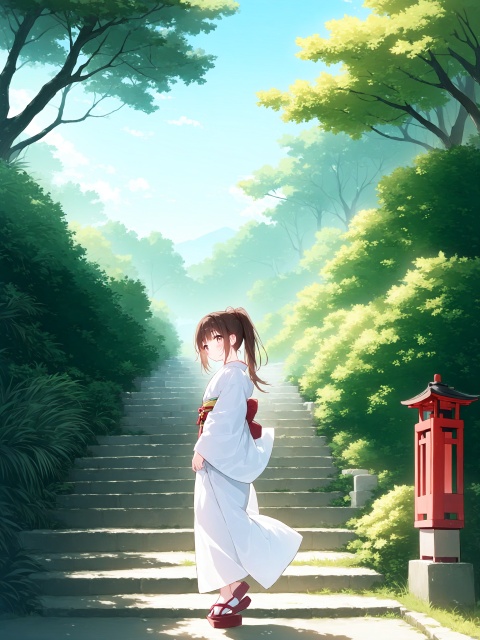 (((artist:nano))),loli,lantern, 1girl, solo, japanese_clothes, outdoors, scenery, water, stairs, nature, tree, paper_lantern, ponytail, kimono, forest, sandals, brown_hair