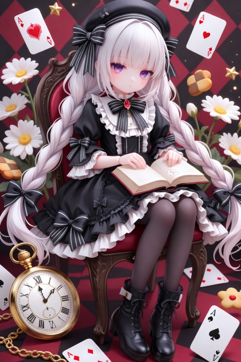 nursery rhyme (fate), card, 1girl, playing card, solo, book, twin braids, cookie, hat, open book, doll joints, ace (playing card), checkerboard cookie, braid, joints, dress, long hair, flower, sitting, purple eyes, black dress, white hair, heart, club (shape), spade (shape), looking at viewer, diamond (shape), lolita fashion, beret, ace of hearts, food, black headwear, bow, ribbon, gothic lolita, floating card, frills, pocket watch, puffy sleeves, ace of spades, frilled dress, argyle background, white flower, watch, pantyhose, hair bow, black bow, striped bow, holding, short sleeves, twintails, blush, roman numeral, chair, daisy, holding book, black footwear, clock, star (symbol), striped ribbon, black pantyhose, neck ribbon, frilled sleeves, boots, closed mouth, low twintails, very long hair, puffy short sleeves, hair ribbon, full body, expressionless, black ribbon,, masterpiece, best quality, score_9, score_8, score_7, very aesthetic,