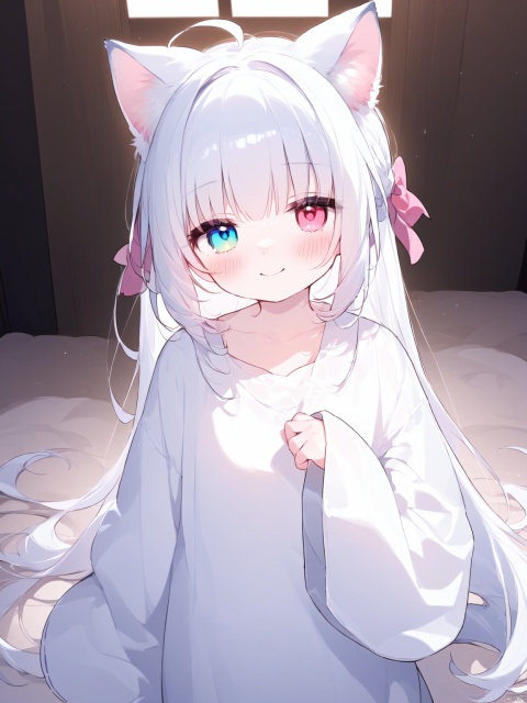 ((artist:nano)loli,1girl, solo, long hair, looking at viewer, blush, smile, bangs, blue eyes, shirt, red eyes, long sleeves, bow, animal ears, hair between eyes, very long hair, closed mouth, standing, collarbone, tail, white shirt, ahoge, white hair, hair bow, indoors, cat ears, cat tail, animal ear fluff, sleeves past wrists, heterochromia, cat girl, pink bow, sleeves past fingers, oversized clothes,