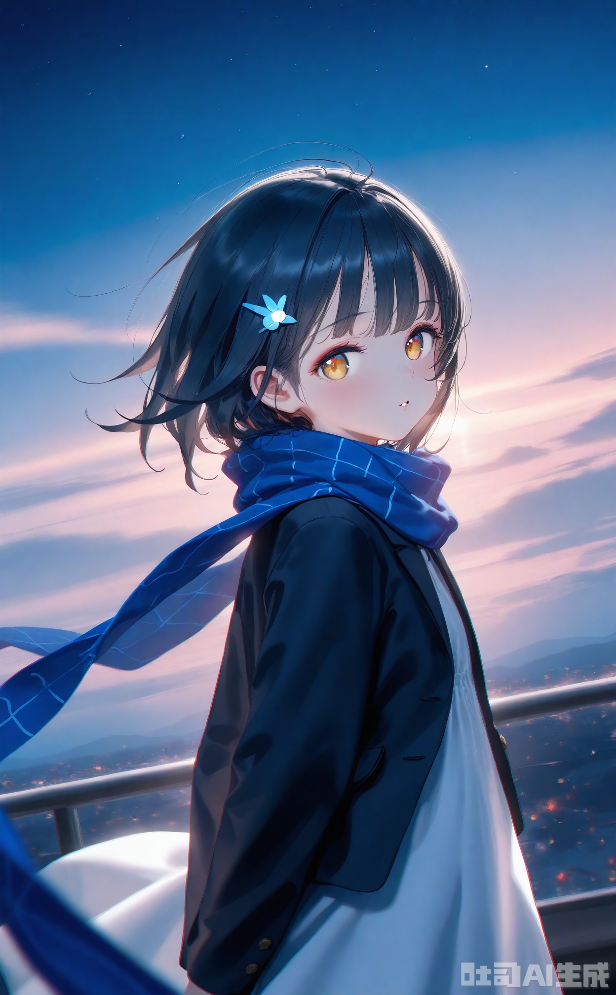 masterpiece,very aware,highres,absurdres,newest,best quality,loli,loli,loli,loli,loli,petite,high quality,chromatic_aberration,cinematic_angle,dutch angle, nyalia, //,artist:ciloranko,artist:ningen_mame,artist:sho_(sho_lwlw),artist:rhasta,artist:wlop,artist:ke-ta,artist:hiten \(hitenkei\),//,1girl, solo, looking at viewer, short hair, bangs, hair ornament, long sleeves, dress, blue hair, yellow eyes, upper body, outdoors, parted lips, sky, cloud, scarf, from side, night, arms behind back, star \(sky\), night sky, starry sky