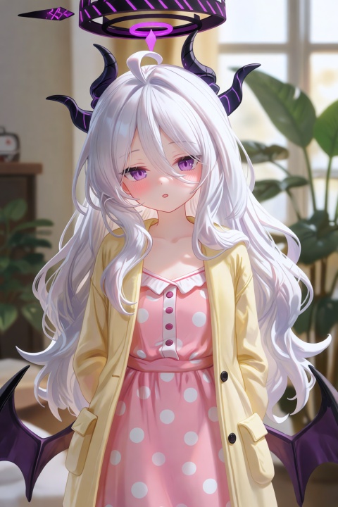 mojo, hina (blue archive), 1girl, halo, horns, long hair, solo, demon horns, polka dot, pajamas, looking at viewer, purple eyes, plant, official alternate costume, demon girl, open clothes, blush, ahoge, very long hair, polka dot dress, yellow cardigan, white hair, open mouth, arms behind back, dress, wavy hair, pink dress, window, hair between eyes, jacket, indoors, official alternate hairstyle, cardigan, yellow jacket, sidelocks, long sleeves, pink pajamas, blurry, multiple horns, depth of field, open jacket, demon wings, parted lips, small breasts, polka dot pajamas, potted plant, yellow coat, black horns,, masterpiece, best quality, score_9, score_8, score_7, very aesthetic,