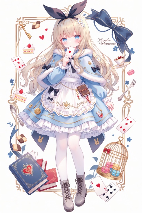 masterpiece, best quality, score_9, score_8, score_7, very aesthetic,
1girl, playing card, solo, card, animal ears, long hair, dress, food, fork, cake, flower, hairband, rabbit ears, macaron, boots, hair ornament, blonde hair, cage, capelet, pantyhose, blue eyes, looking at viewer, blue dress, key, frills, white pantyhose, hair flower, birdcage, full body, ace (playing card), book, frilled dress, ace of hearts, apron, alice (alice in wonderland), blush, long sleeves, bow, hood, cookie, fur trim, grey footwear, cake slice, light brown hair, ribbon, standing, holding, heart, cross-laced footwear, black bow, hood down, tiered tray, hair ribbon, spoon, hair bow, english text, closed mouth, brown footwear, checkerboard cookie, ace of spades, white apron, petticoat, open book, artist name, lace-up boots, white background, dated