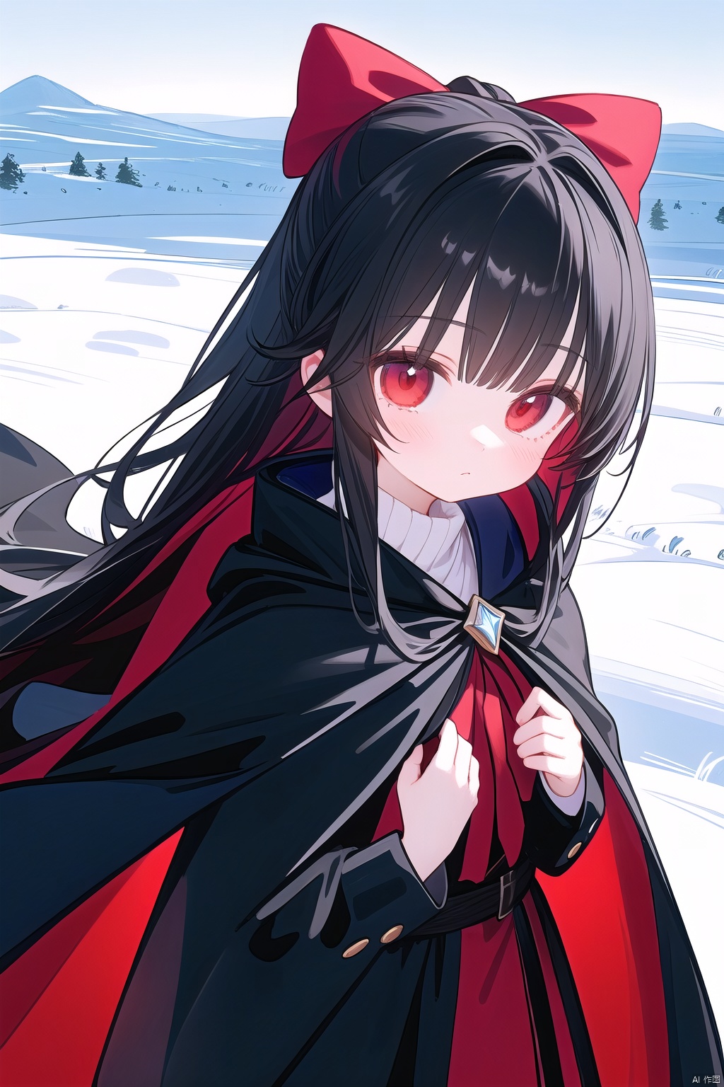 A girl cute red eyes black image created by Nano Tensor.Art