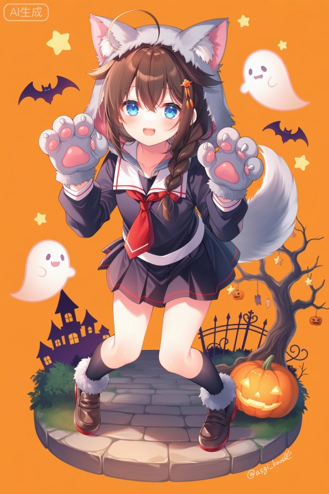 masterpiece, best quality, score_7, very aesthetic, @toosaka asagi, loli,  
1girl, solo, shigure (kancolle), blue eyes, gloves, skirt, braid, tail, animal hands, wolf tail, pleated skirt, black serafuku, hair flaps, school uniform, serafuku, blush, single braid, brown hair, long hair, bat (animal), halloween, open mouth, smile, full body, paw gloves, black skirt, hair between eyes, orange background, hair ornament, jack-o'-lantern, ghost, necktie, shoes, wolf ears, twitter username, halloween costume, looking at viewer, tree, long sleeves, hair over shoulder, star (symbol), pumpkin, hood, ahoge