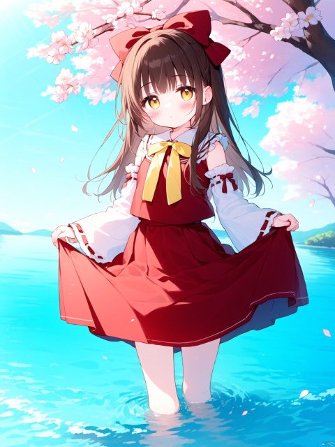 ((artist:nano)),loli,1girl, bow, solo, long hair, hakurei reimu, skirt, detached sleeves, red skirt, red bow, hair tubes, brown hair, hair bow, skirt hold, frills, yellow bow, yellow bowtie, frilled bow, wide sleeves, looking at viewer, bangs, ribbon trim, bowtie, brown eyes, wading, ribbon-trimmed sleeves, frilled hair tubes, cherry blossoms, closed mouth, sidelocks, water, shirt, red shirt, night