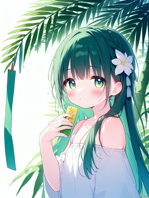(((artist:nano))),loli,1girl, solo, best quality, vivid color, white background, leaf background, upper body, looking at viewer, blush, tanzaku, tanabata, long hair, braid, hair flower, hair over shoulder, bangs, white dress, bare shoulders, off shoulder, nail polish, green wings, feathered wings, hand up, palm tree, palm leaf, potted plant, bamboo, branch