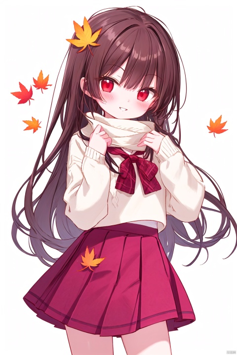  solo,long hair,red eyes,skirt,brown hair,leaf,bangs,white background,holding leaf,long sleeves,looking at viewer,holding,pleated skirt,parted lips,autumn leaves,white sweater,simple background,sweater,arm up,brown skirt,red skirt,maple leaf,very long hair,shirt,white shirt,ia-style(1girl,loli,evil smile,blush),