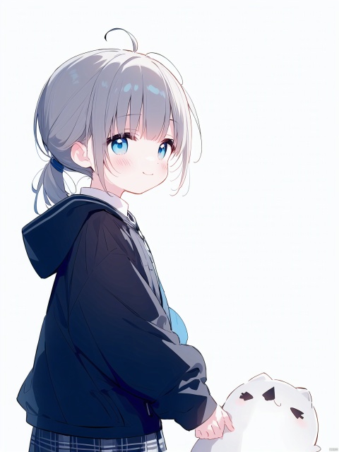 (((artist:nano))),loli,masterpiece, best quality,cat ears, blue eyes, cat ears, cat tail, sleeves past wrists, black hooded jacket, shirt, skirt, long hair, collared shirt, white shirt, bangs,white background, pleated skirt, blue bow, sleeves past fingers, grey hair,smile, standing, off shoulder, long sleeves,plaid, plaid skirt, grey skirt, shadow,puffy long sleeves,open jacketn,(ahoge),(((from side))),(((low ponytail))),looking_at_viewer, cat girl, hoshi (snacherubi), chibi
