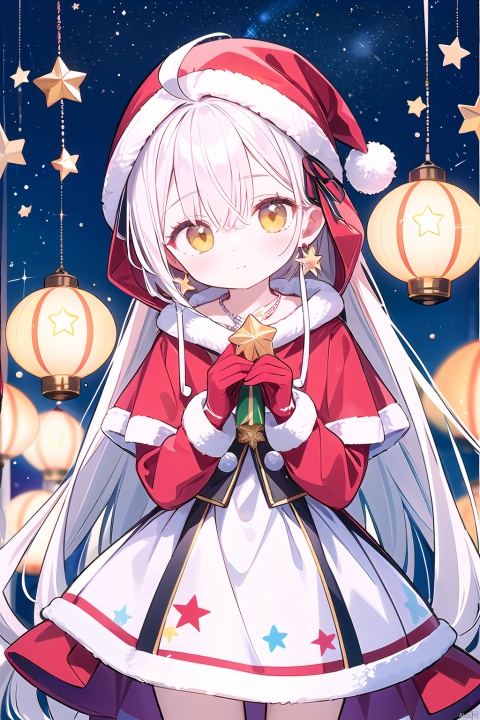 1girl, ahoge, bangs, breasts, christmas_ornaments, christmas_tree, closed_mouth, cross, dress, gloves, hair_between_eyes, hood, indoors, lantern, long_hair, looking_at_viewer, red_dress, saint_quartz_\(fate\), solo, standing, star_\(sky\), star_\(symbol\), star_earrings, star_hair_ornament, star_necklace, star_pasties, star_print, starfish, starry_background, telescope, white_hair, yellow_eyes, 1girl, looking at the audience