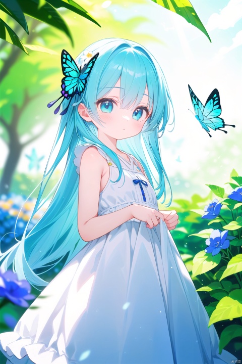  wide shot,(depth of field),global illumination,soft shadows,backlight,lens masterpiece,best quality,flare,((colorful refraction)),((cinematic lighting),looking outside,with butterfly,1girl with lightblue long hair and blue aqua eyes,hair flowers,hime cut,sunlight,blurry background,blurry,garden,White Dress,