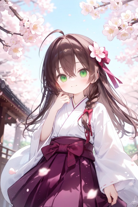 1girl, loli, solo, looking at viewer, blush, smile, long hair, bangs, skirt, brown hair, long sleeves, bow, hair between eyes, closed mouth, green eyes, flower, ahoge, hair bow, outdoors, japanese clothes, hand up, signature, wide sleeves, kimono, blurry, petals, antenna hair, pink bow, cherry blossoms, hakama, hakama skirt, pink flower, branch, pink kimono,