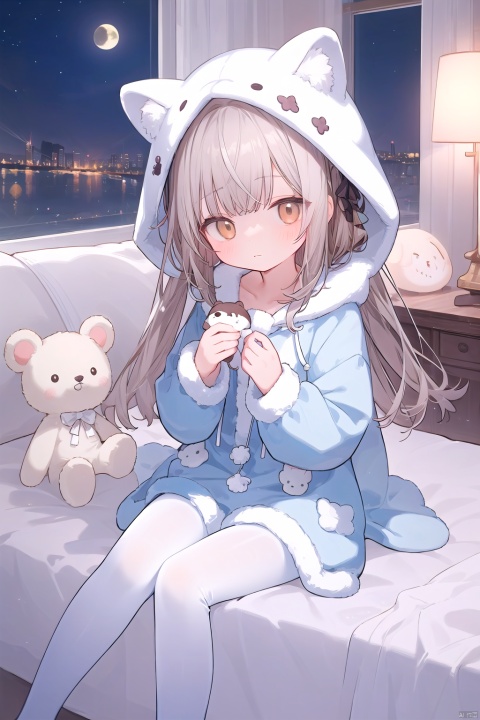Loli, solo focus, full body, sitting, dynamic angle, white hair, flat chest, frilled, 3yo, brown hair, long hair, night, starry sky, dark, sleepy, want to sleep, animal ears hood, A young girl in pajamas holding a large stuffed animal, with a shy expression on her face, in a bedroom setting, The composition should exude a blend of sensuality and innocence, The background should be visually captivating,oyama_mahiro, white pantyhose