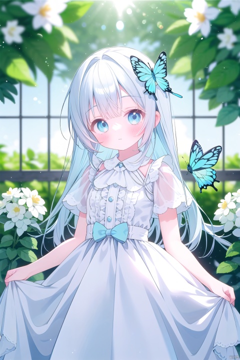  wide shot,(depth of field),global illumination,soft shadows,backlight,lens flare,((colorful refraction)),((cinematic lighting),looking outside,with butterfly,1girl with lightblue long hair and blue aqua eyes,hair flowers,hime cut,sunlight,blurry background,blurry,garden,White Dress,