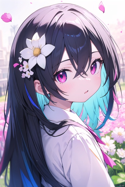 1girl, solo, long hair, looking at viewer, blush, bangs, blue eyes, shirt, hair ornament, hair between eyes, closed mouth, upper body, flower, parted lips, looking back, hair flower, blurry, petals, depth of field, blurry background, white flower, portrait, pink flower, multicolored eyes