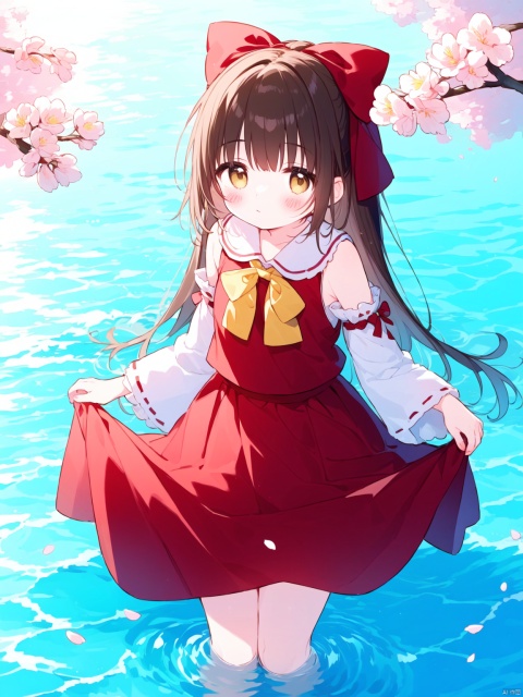 ((artist:nano)),loli,1girl, bow, solo, long hair, hakurei reimu, skirt, detached sleeves, red skirt, red bow, hair tubes, brown hair, hair bow, skirt hold, frills, yellow bow, yellow bowtie, frilled bow, wide sleeves, looking at viewer, bangs, ribbon trim, bowtie, brown eyes, wading, ribbon-trimmed sleeves, frilled hair tubes, cherry blossoms, closed mouth, sidelocks, water, shirt, red shirt, night