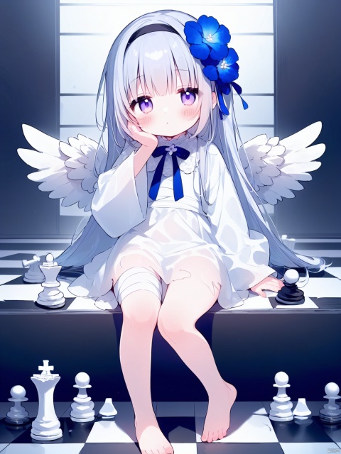 (((artist:nano))),loli,1girl, solo, wings, feathered_wings, long_hair, dress, barefoot, white_hair, looking_at_viewer, black_wings, sitting, chess_piece, bangs, white_dress, very_long_hair, long_sleeves, purple_eyes, bandages, torn_clothes, blue_flower, full_body, black_flower, hair_ornament, flower, hand_up, checkered_floor, hair_flower, wide_sleeves, white_wings, closed_mouth, hairband,petite