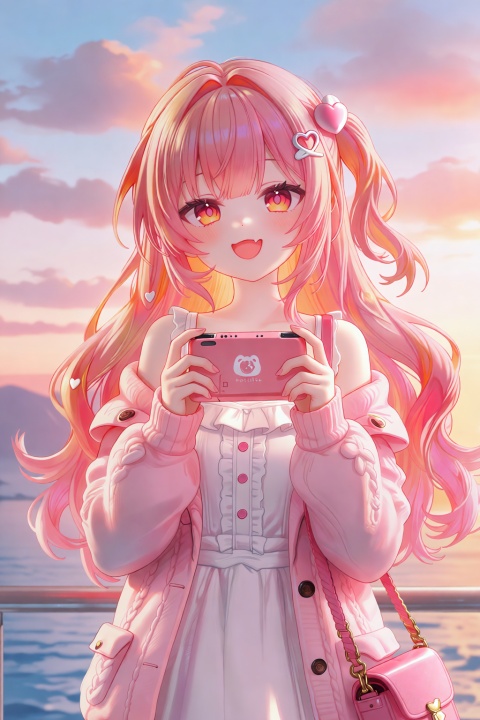 vilieer,acid_s4, 1girl, solo, long hair, smile, hair ornament, looking at viewer, holding, pink hair, dress, open mouth, blush, cloud, pink cardigan, sky, white dress, original, :d, off shoulder, open clothes, hairclip, outdoors, cardigan, long sleeves, phone, orange eyes, blue sky, bag, bare shoulders, sleeveless dress, upper body, shirt, open cardigan, cellphone, buttons, smartphone, holding phone, jacket, frills, white shirt, day, one side up, sleeveless, open jacket, hair between eyes, shoulder bag, sunset, hands up, sidelocks, virtual youtuber, collared shirt, cloudy sky, standing, very long hair, bow, pink jacket, breasts, two side up, cardigan partially removed, sleeves past wrists, letterboxed, pink dress, cowboy shot, spaghetti strap, official alternate costume, frilled dress, pink eyes, collared dress, blurry background, side ponytail, puffy long sleeves, hair intakes, happy, red eyes, ribbon, nijisanji, heart, brown eyes, head tilt, blurry, pink coat, collarbone, camisole, dot nose, railing, building, center frills, x hair ornament, evening, cable knit, multicolored hair, handheld game console, sweater, small breasts, gradient sky, mountainous horizon, cover page, alternate costume, fang, handbag, heart hair ornament, yellow eyes, border, bangs, dress shirt, straight-on, coat, multicolored eyes, skirt, holding handheld game console, twintails, ocean, white border, sundress, empire waist, pink bag, wavy hair, cover, pillarboxed, holding camera, medium breasts, upper teeth only, nail polish, white camisole, orange hair, mountain, envelope, pink nails, textless cover page,, masterpiece, best quality, score_9, score_8, score_7, very aesthetic,