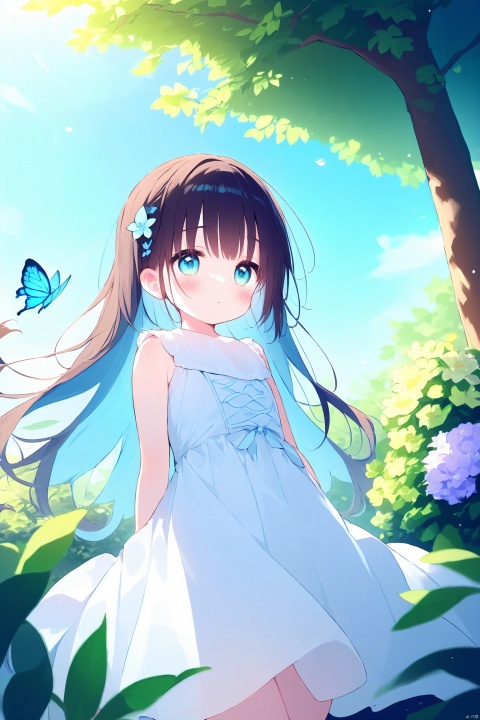 artist:nano,wide shot,(depth of field),global illumination,soft shadows,backlight,lens masterpiece,best quality,flare,((colorful refraction)),((cinematic lighting),looking outside,with butterfly,1girl with lightblue long hair and blue aqua eyes,hair flowers,hime cut,sunlight,blurry background,blurry,garden,White Dress,