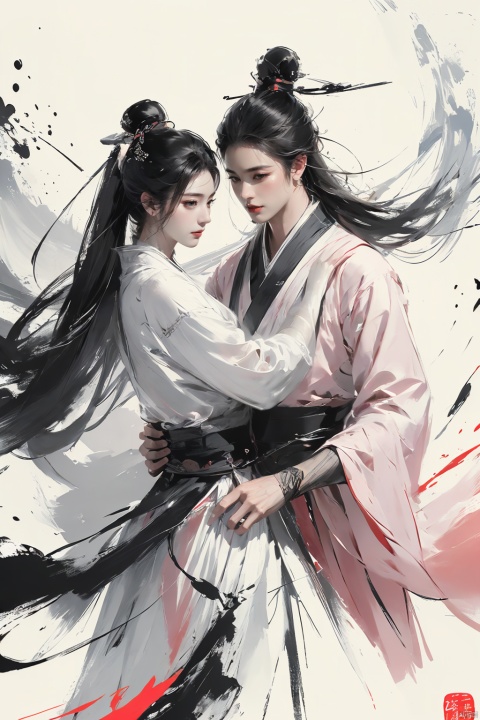  Pencil drawing with colored lead, long black hair, white pink clothes, delicate face, Hanfu, a man and a woman, lovers, embrace each other,Ink scattering_Chinese style, smwuxia Chinese text blood weapon:sw, lotus leaf,