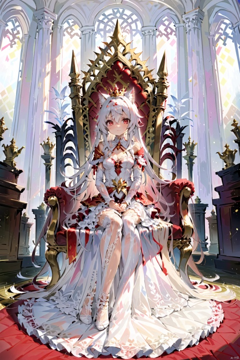 Anime, Proud Princess, Cat-Eared Princess, Elegant Lace, Front view, soft light,a girl, white hair, long hair, red pupils, proud, front facing the audience, white lace, white dress, princess, cat ears, head propped up in hands, sitting on the throne, gown, crown,sitting,highres,(Masterpiece, best quality, very detailed CG, complex details: 1.2),