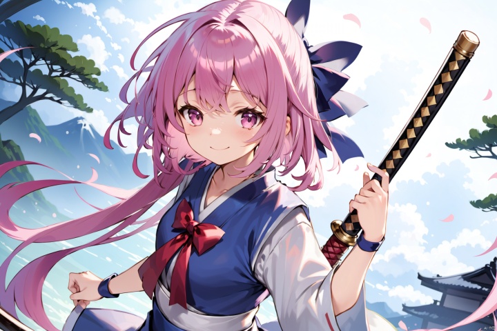  japanese clothes,blush,smile,one eye closed,medium breasts,1girl,looking at viewer,medium hair,hair ribbon,(Masterpiece, best quality, very detailed CG, complex details: 1.2),lovely,Pink hair, samurai sword,