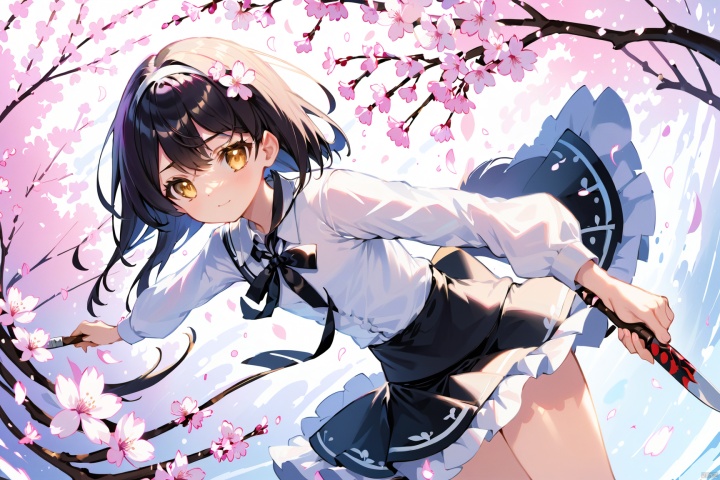 1girl, bright brown hair, yellow pupils, light blue feather weaving, white lined clothing, cherry blossom falling background, black hair back headband, black waist white tie, determined eyes, holding too knife, drawing knife,(masterpiece:1,2),best quality,masterpiece,highres,original,extremely detailed wallpaper,perfect lighting,(extremely,detailed CG:1,2),drawing,paintbrush,
