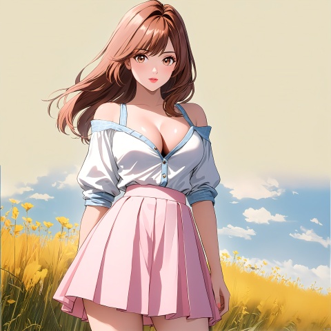  masterpiece,best quality,UHD,16k,3d modeling,borderlands,1girl,cure beaut,((She stood on the prairie:1.4)),White shirt,skirt,(((cleavage))),Sexy, delicate features, pink lips, brown eyes, longbrownhair,(lineart:1.4), XL_light