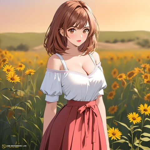  masterpiece,best quality,UHD,16k,3d modeling,borderlands,1girl,cure beaut,((She stood on the prairie:1.4)),White shirt,skirt,(((cleavage))),Sexy, delicate features, pink lips, brown eyes, longbrownhair,(lineart:1.4), XL_light
