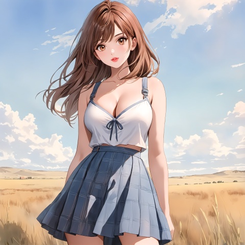 masterpiece,best quality,UHD,16k,3d modeling,watercolor (medium),borderlands,1girl,cure beaut,((She stood on the prairie:1.4)),White shirt,skirt,(((cleavage))),Sexy, delicate features, pink lips, brown eyes, longbrownhair, XL_light,Simple painting style