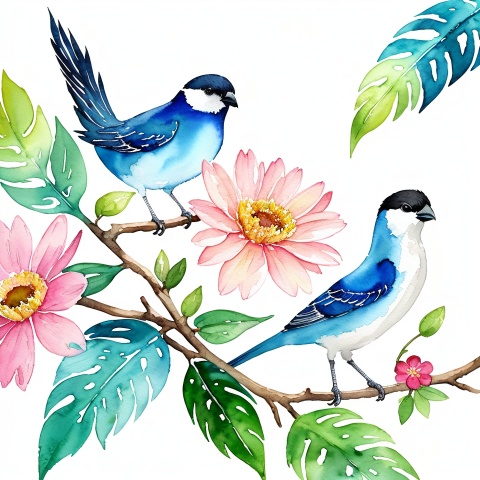 Watercolor illustration, colorful birds perching on flower branches, vibrant plumage in blue, yellow, pink and red, blooming flowers with soft petals, fresh green leaves, light color palette, gentle spring atmosphere, transparent watercolor texture, delicate brush strokes, white background, high resolution, 8K, detailed feathers, vivid floral accents, peaceful and healing scene
