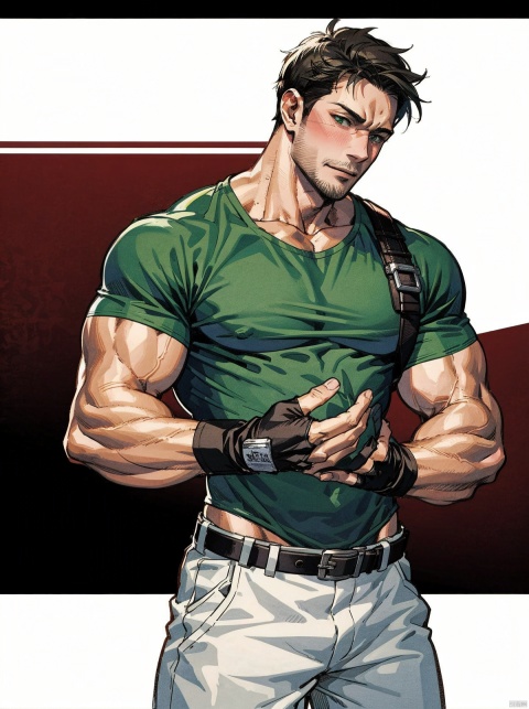 , blush, mature woman, black hair,underwear, nipples,big boob,doggie_style,hip focus,various poses and expressions, chris redfield,muscular male,green taut shirt,white pants,fingerless gloves,belt,