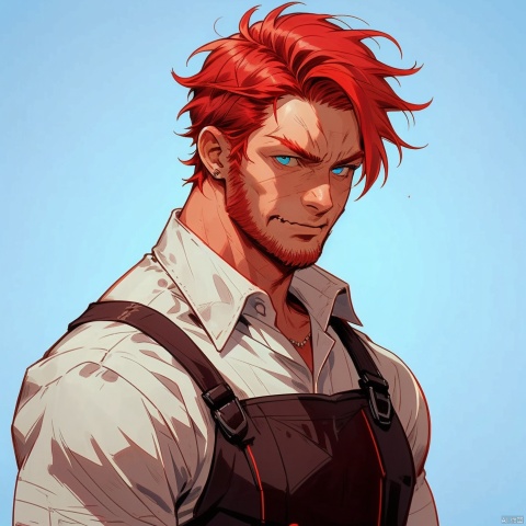 mature man,man face,red hair,hair pulled back,blue_eyes,sumg,dungarees, niji3, evil person