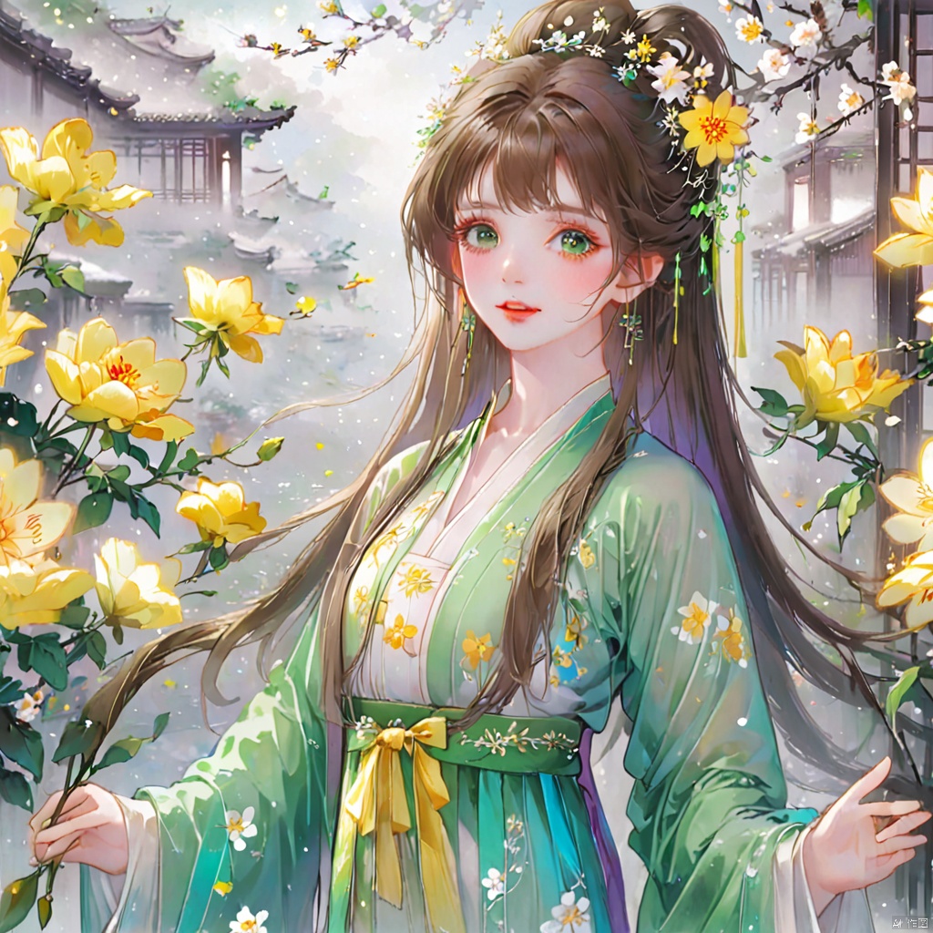  (masterpiece), (best quality), illustration, ultra detailed, hdr, Depth of field, (colorful), loli,1girl, flower, long hair, solo, green eyes, upper body, hair ornament, brown hair, teeth, dress, long sleeves, hanfu,yellow flower, looking at viewer