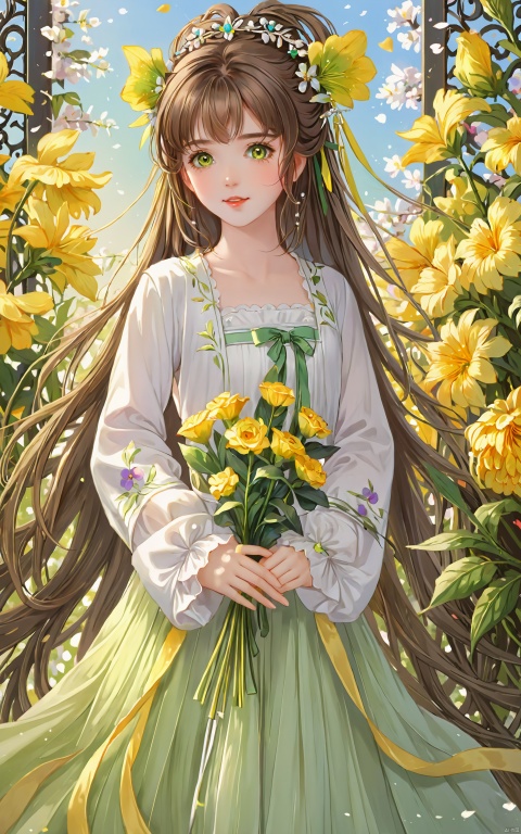  (masterpiece), (best quality), illustration, ultra detailed, hdr, Depth of field, (colorful), loli,1girl, flower, long hair, solo, green eyes, upper body, hair ornament, brown hair, teeth, dress, long sleeves, yellow flower, looking at viewer