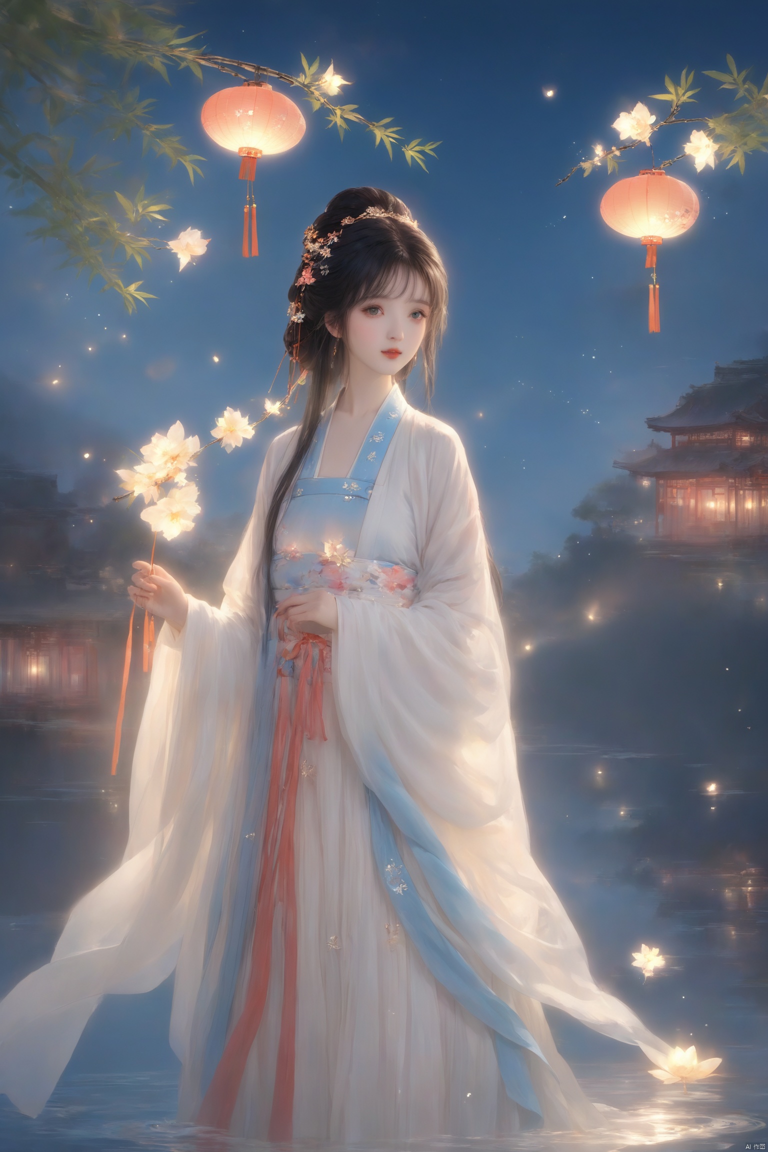 masterpiece,best quality,high quality,(colorful),[Artist miwano rag],[Artist toosaka asagi],[[[Artist wlop]]],[Artist chen bin],Artist Miv4t,1girl, solo, long hair, black hair, hair ornament, dress, sky, hair flower, sash, night, chinese clothes, star \(sky\), night sky, hand fan, lantern, holding fan, paper fan, hanfu,water,lying in the water,(fireflies),bamboo,tree,white theme