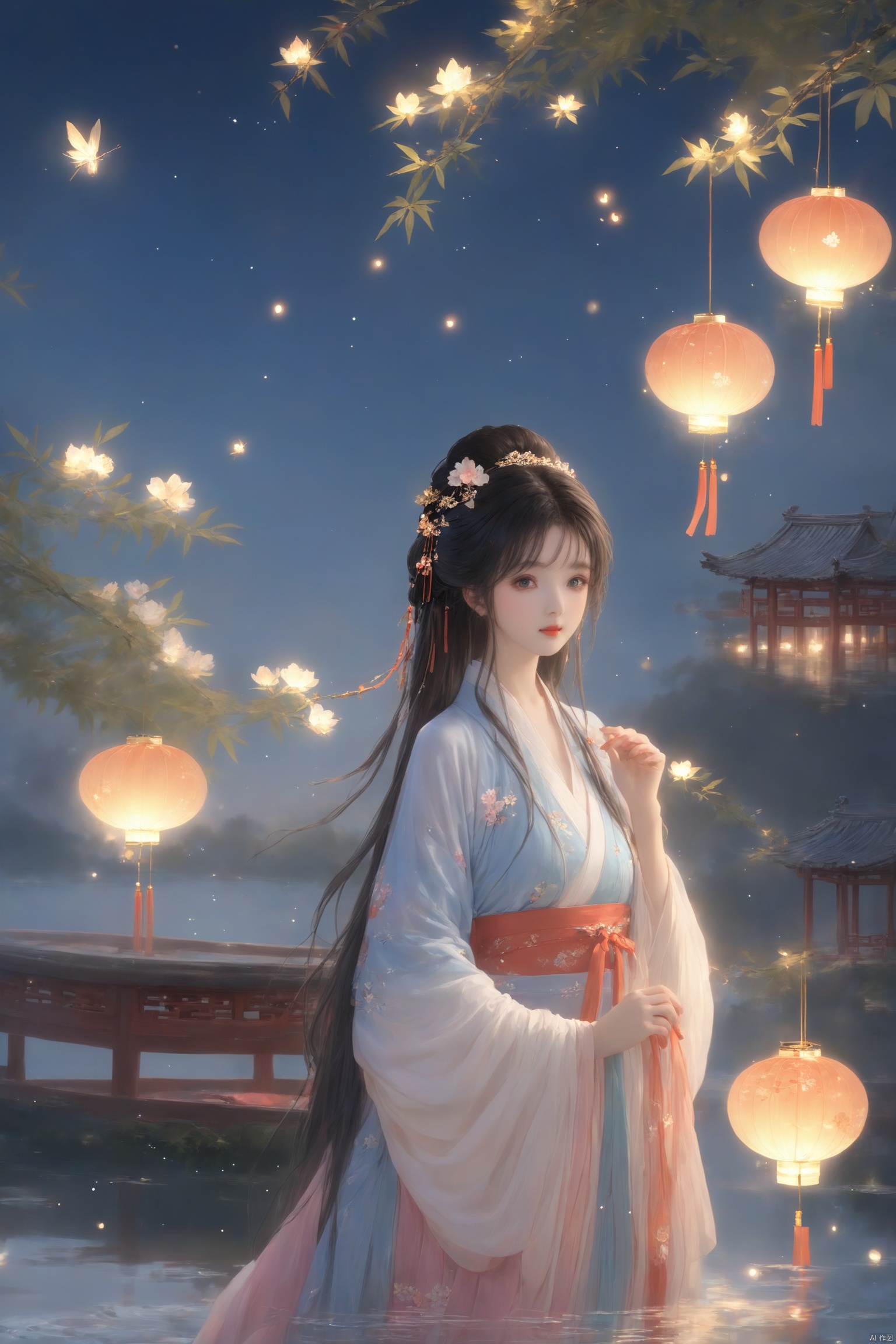 masterpiece,best quality,high quality,(colorful),[Artist miwano rag],[Artist toosaka asagi],[[[Artist wlop]]],[Artist chen bin],Artist Miv4t,1girl, solo, long hair, black hair, hair ornament, dress, sky, hair flower, sash, night, chinese clothes, star \(sky\), night sky, hand fan, lantern, holding fan, paper fan, hanfu,water,lying in the water,(fireflies),bamboo,tree,white theme