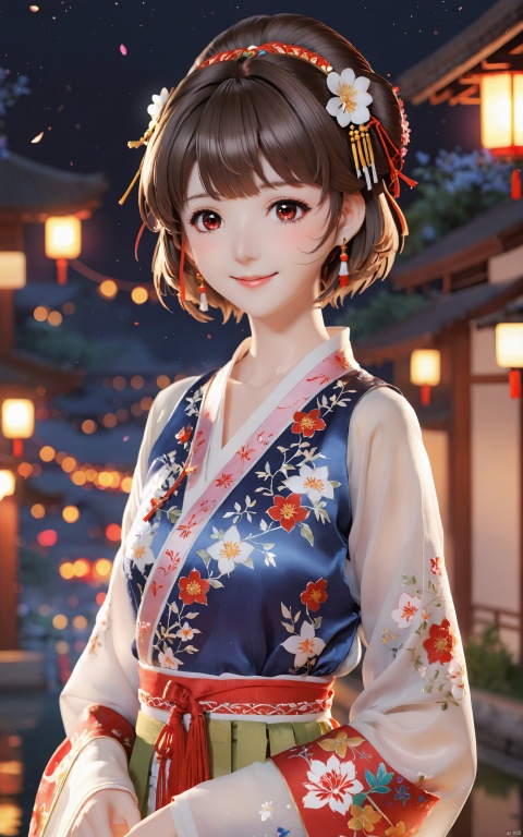  (masterpiece),(best quality),illustration,ultra detailed,hdr,Depth of field,(colorful),artist mmd,night,1girl,solo,red eyes,looking at viewer,hair ornament,short hair,upper body,brown hair,blurry,ahoge,bangs,see-through,depth of field,hanfu,smile,floral print,closed mouth,