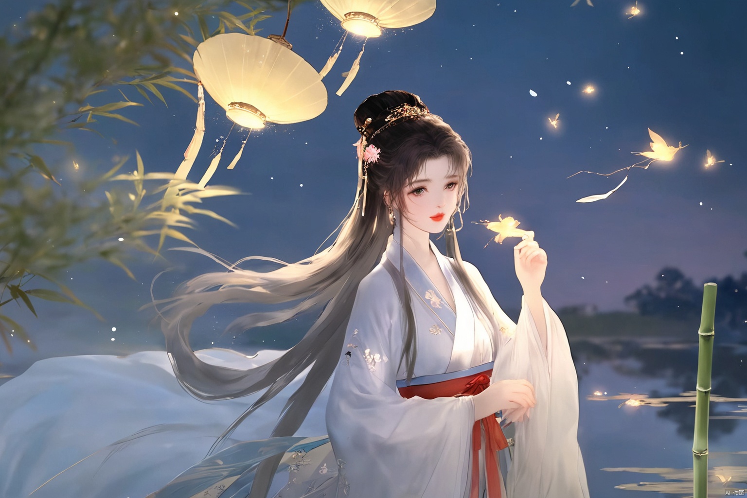 masterpiece,best quality,high quality,(colorful),[Artist miwano rag],[Artist toosaka asagi],[[[Artist wlop]]],[Artist chen bin],Artist Miv4t,1girl, solo, long hair, black hair, hair ornament, dress, sky, hair flower, sash, night, chinese clothes, star \(sky\), night sky, hand fan, lantern, holding fan, paper fan, hanfu,water,lying in the water,(fireflies),bamboo,tree,white theme