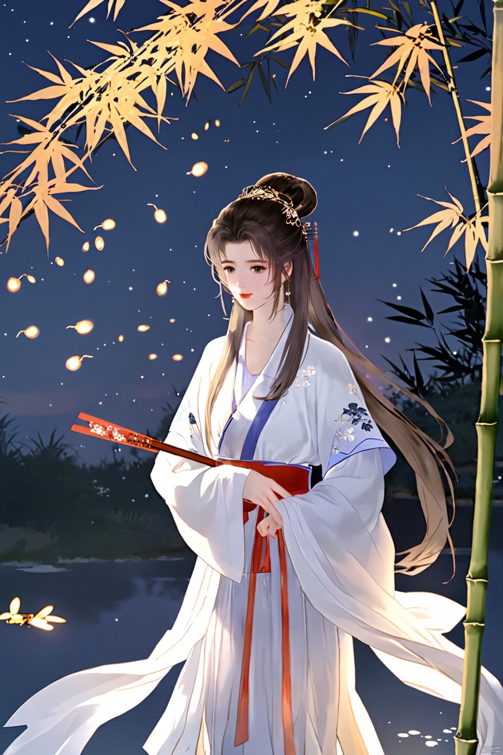 masterpiece,best quality,high quality,(colorful),[Artist miwano rag],[Artist toosaka asagi],[[[Artist wlop]]],[Artist chen bin],Artist Miv4t,1girl, solo, long hair, black hair, hair ornament, dress, sky, hair flower, sash, night, chinese clothes, star \(sky\), night sky, hand fan, lantern, holding fan, paper fan, hanfu,water,lying in the water,(fireflies),bamboo,tree,white theme