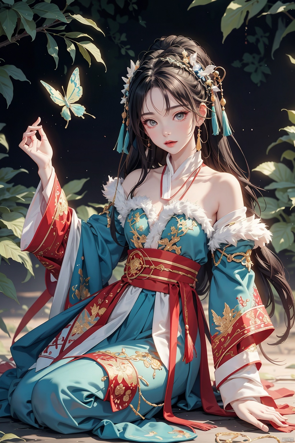  1gril,,hanfu,full body, cloak, QINGYI, shidudou,blue butterfly, in a colorful fantasy realism style, realistic color palette, wink and you miss details,chinese painting\(gongbi\),young woman bathing under a waterfall in an dream like forest,extremely detailed,detailed face,intricate detail,background\(gongbi\),    blue butterfly, in a colorful fantasy realism style, realistic color palette, wink and you miss details, japanese style art, fluid and organic shapes, light teal and light red, light reflection,blue butterfly, in a colorful fantasy realism style, realistic color palette, wink and you miss details,sleeve,flower headband,roses background,4k,8k,round eyes,round pupil,happy,colourful,fantasy magical,complex hair detail,happy,texture on clothings,fireflies,