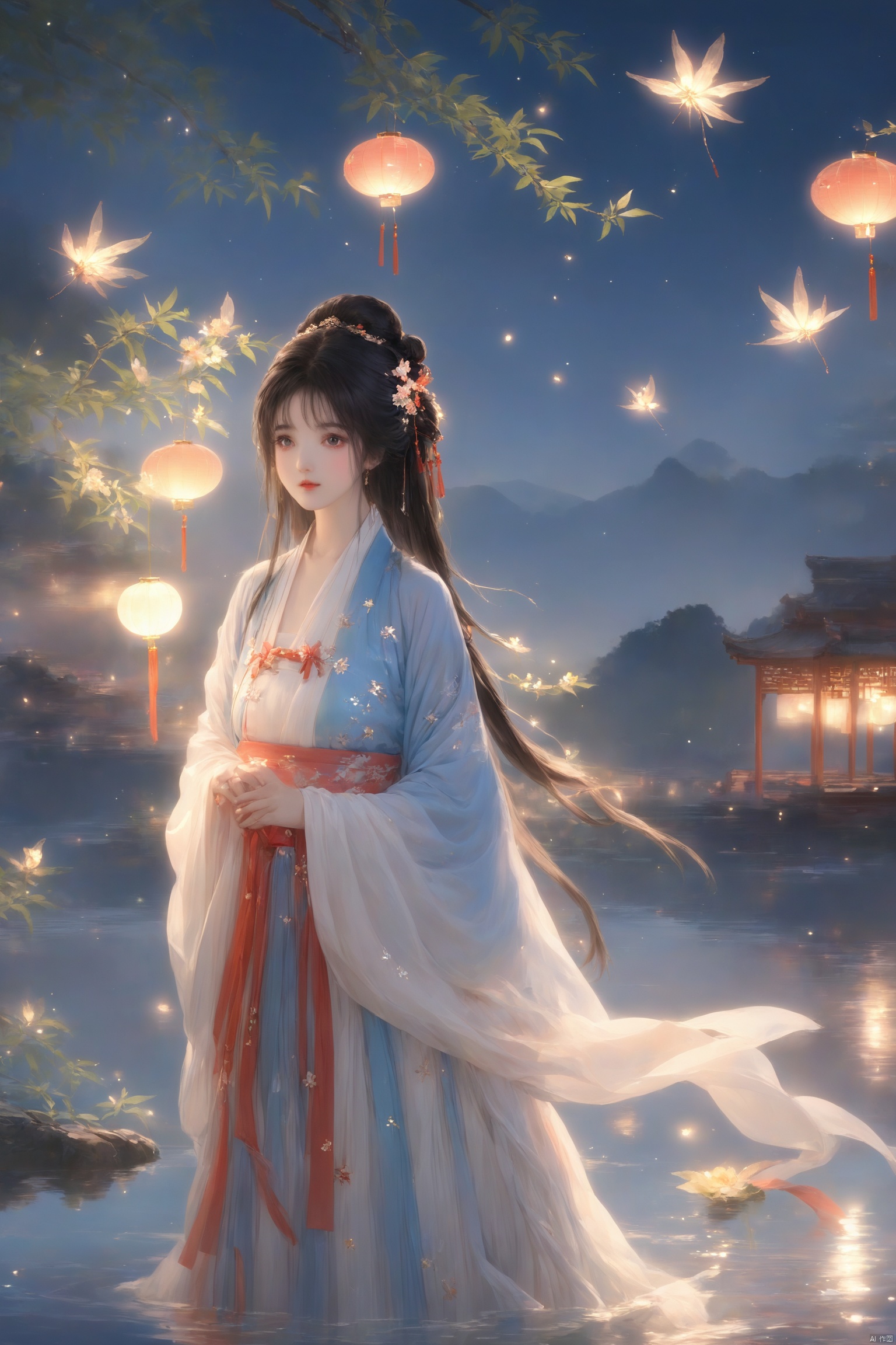 masterpiece,best quality,high quality,(colorful),[Artist miwano rag],[Artist toosaka asagi],[[[Artist wlop]]],[Artist chen bin],Artist Miv4t,1girl, solo, long hair, black hair, hair ornament, dress, sky, hair flower, sash, night, chinese clothes, star \(sky\), night sky, hand fan, lantern, holding fan, paper fan, hanfu,water,lying in the water,(fireflies),bamboo,tree,white theme