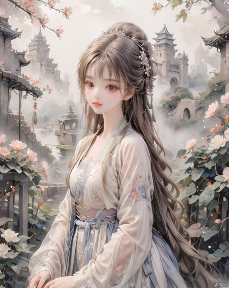  monochrome ,ink wash painting,white 1 girl,solo, blone hair, long hair, princess dress, pretty beautiful makeup, garden, castle, flowers, loli.backgroud,the picture is largely blank ,only a man ,chinese cloth,drawing ,face to viewer,white fog covered everything around him, blank background,