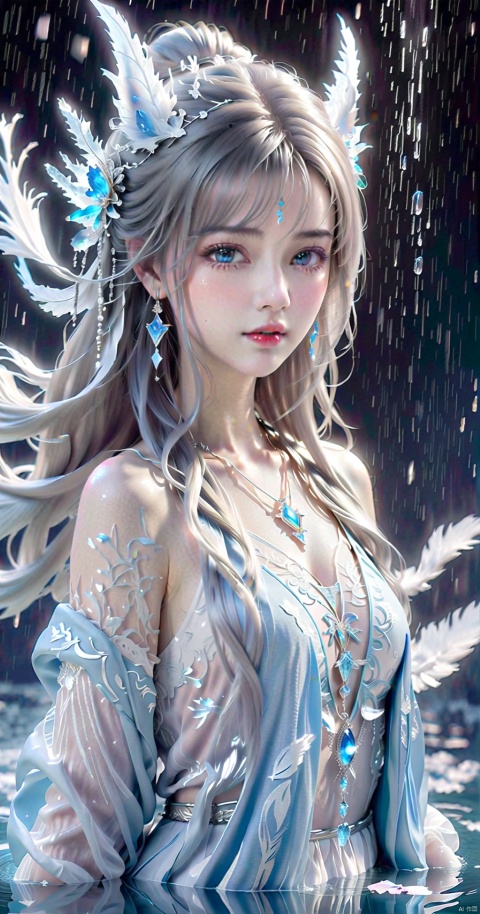  Frost Goddess,Frozen fluid,Ice World,ice,1girl,Light blue hair,air bubble,blue eyes,bubble,caustics,eyeliner,face,floating hair,Ice gemstone,jewelry,The Crown of Ice,Ice feathered hair,Ice Gemstone Metal Silver Necklace,lake,liquid hair,long hair,Ice crystal,looking at viewer,close-up,parted lips,pool,ripples,solo,splashing,teeth,underwater,wading,water,water drop,waves,fox fairy girl