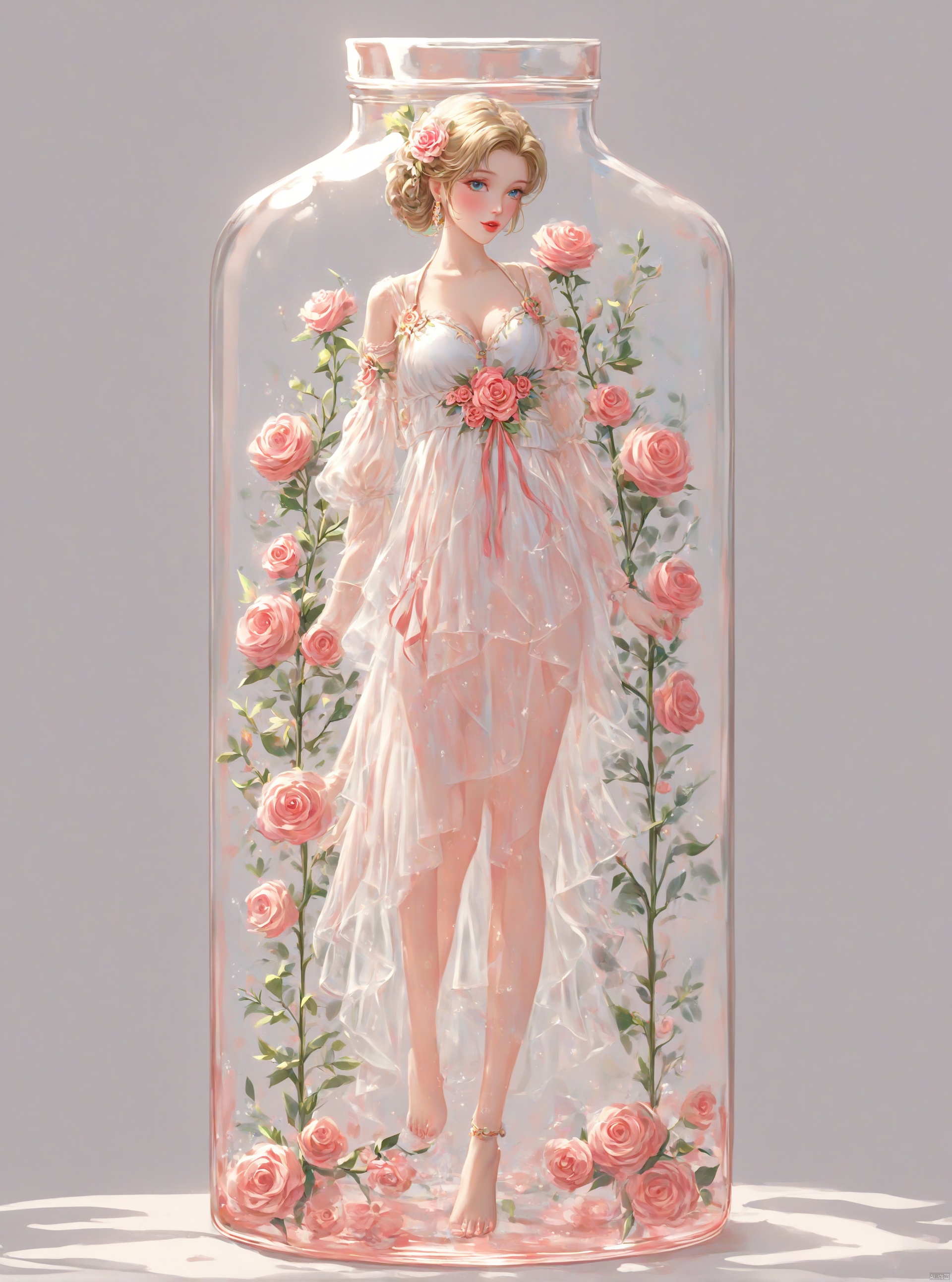 1girl,beautiful.Standing in a clear glass jar,,.full body.barefoot.background,rose.flower.peony.ray,masterpiece,best quality,very aesthetic,extremely detailed