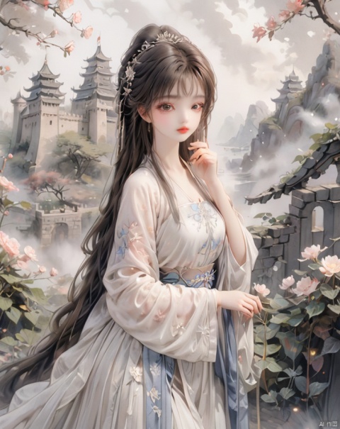  monochrome ,ink wash painting,white 1 girl,solo, blone hair, long hair, princess dress, pretty beautiful makeup, garden, castle, flowers, loli.backgroud,the picture is largely blank ,only a man ,chinese cloth,drawing ,face to viewer,white fog covered everything around him, blank background,