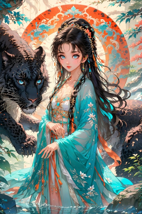  Anime style, (masterpiece: 1.3), best quality, animation works, 1girl, solo, long hair, bangs, hanfu, black hair, wide sleeve flowing fairy skirt, medium hair, black hair, black leopard, photos, 8k, complex, highly detailed, majestic, digital photography, broken glass, (fine and delicate beautiful eyes: 1.2), hdr, lifelike, high-definition, animation style, key vision, vibrant, studio animation, highlydetailed, arien_hanfu, guofeng
