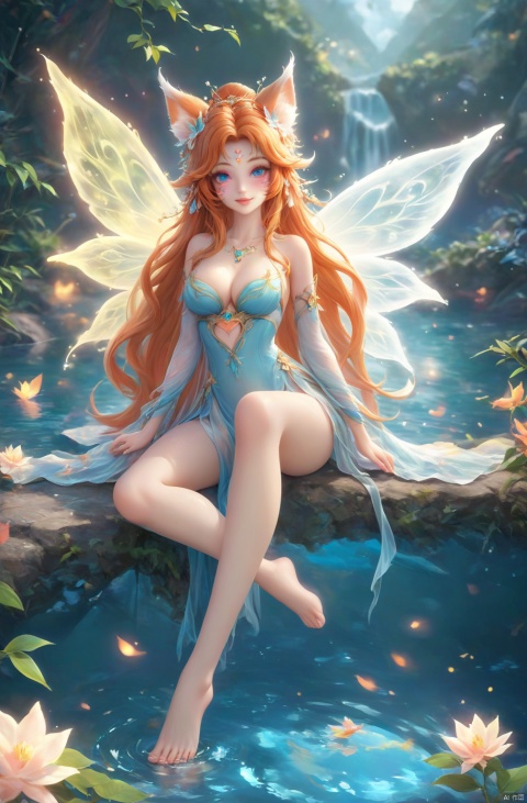 full body barefoot, A beautiful woman with a facial tattoo, with different styles on both sides of the picture, a blend of water and fire, passion and coldness,fox fairy girl